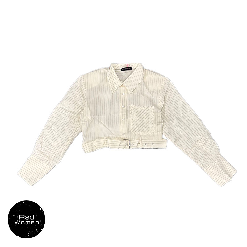 شومیز-راه-راه-کمربنددار-quzu شومیز کراپ کرم مشکی راه راه quzu - Image 1